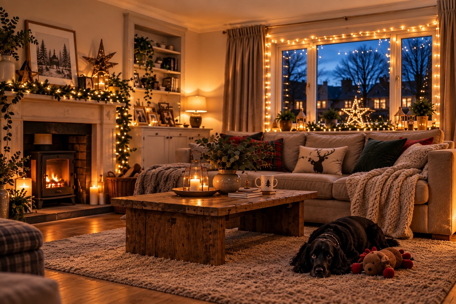 Warm fairy lights and an illuminated star around a living room window, with a black dog and toy beside the sofa
